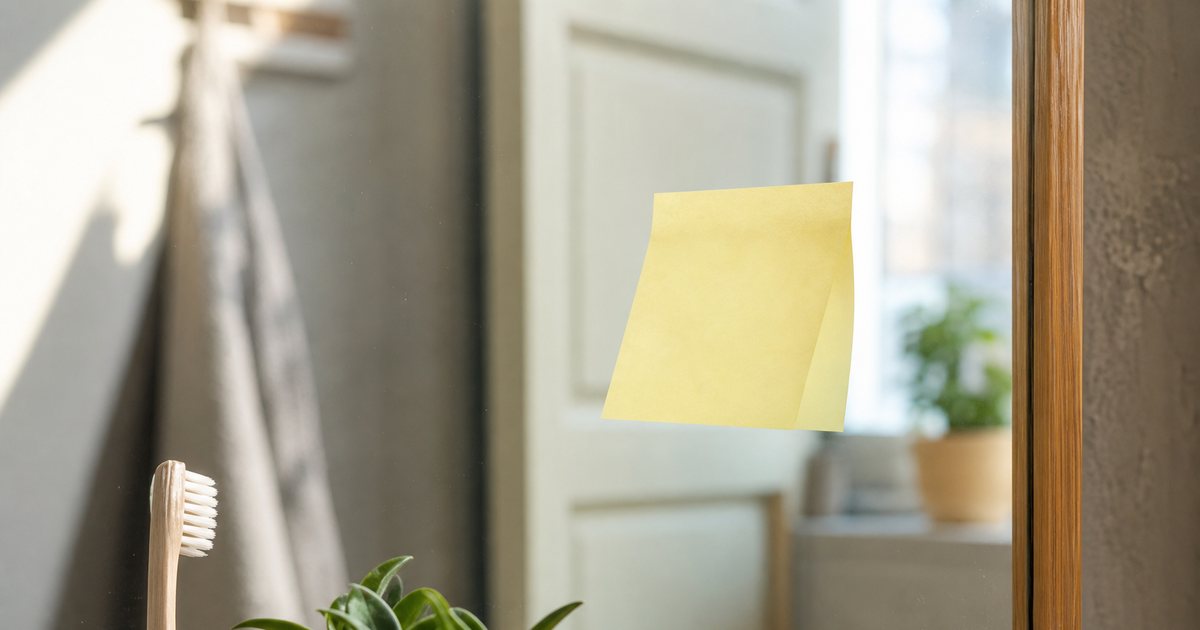 A sticky note with a handwritten reminder stuck on a bathroom mirror, a toothbrush and a small plant on the counter, soft morning light