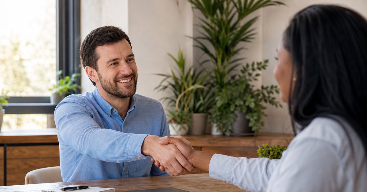 Two people shaking hands warmly at the end of a meeting in a bright room with plants, a notebook and closed laptop on the table between them