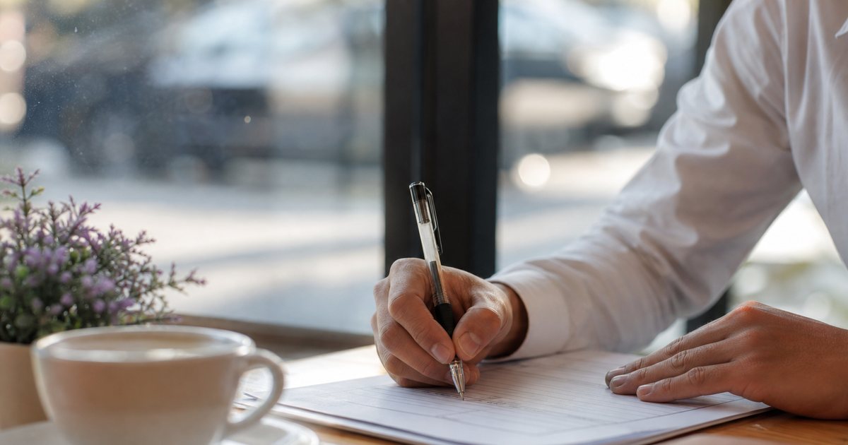 A person filling out a paper form with a pen at a sunny cafe table, a coffee cup beside it, blurred street through the window