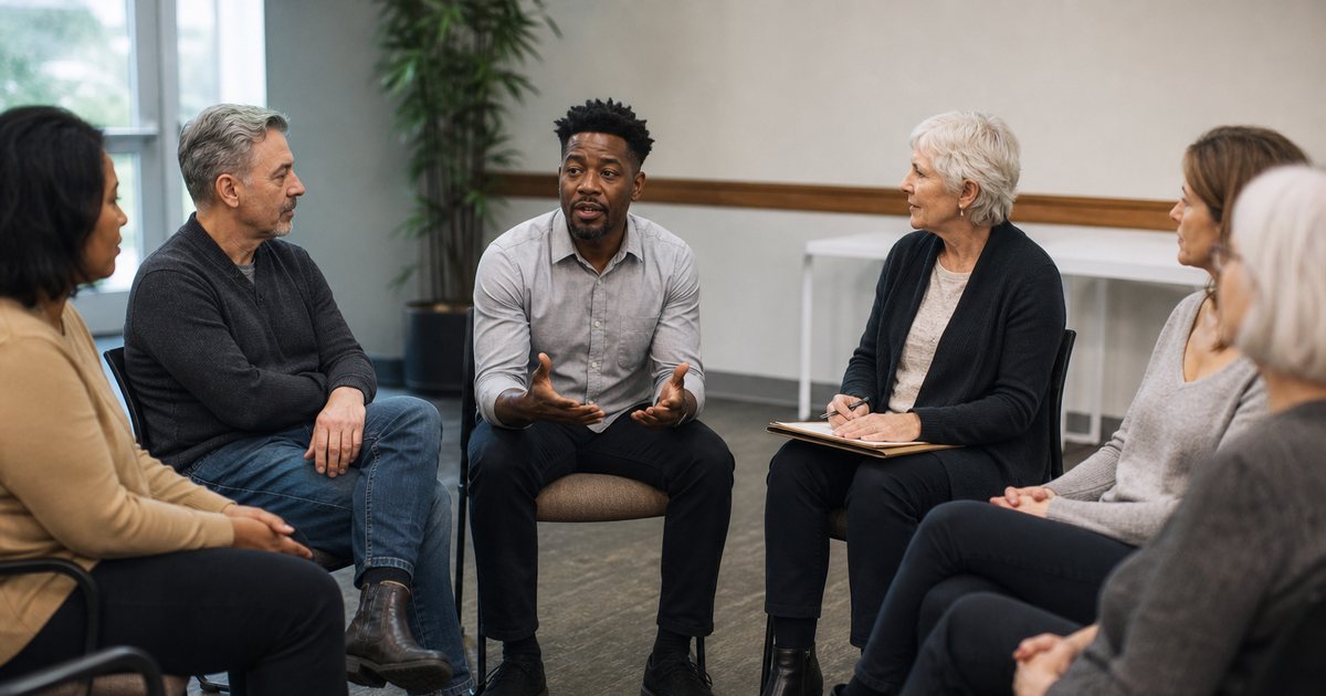A small circle of six adults seated on chairs in a bright community room, one person speaking while others listen, a facilitator with a notepad on her knee