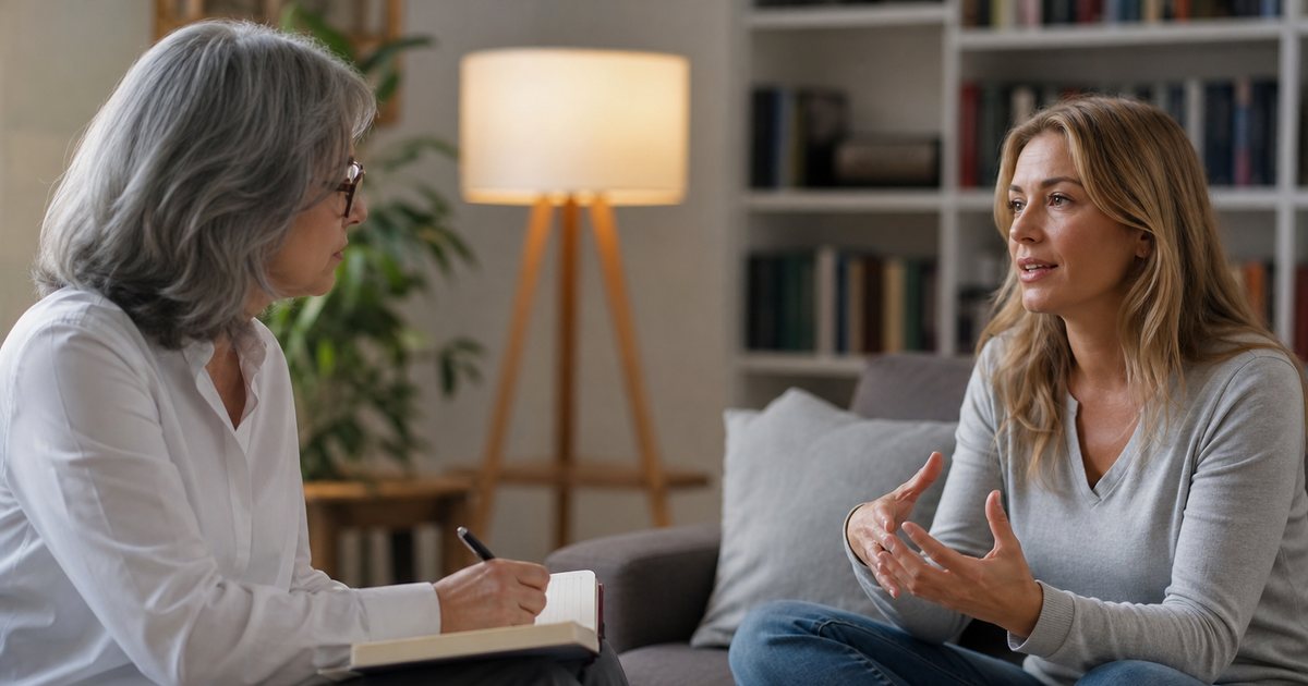 A coach writing in a small notebook with a pen while sitting across from a client in a cozy office with a lamp and bookshelves, the client mid-sentence