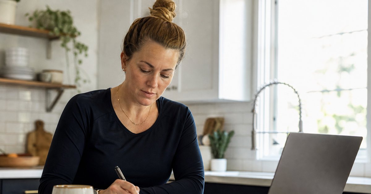 A coach sitting at a bright kitchen table with a laptop open and a mug of coffee, writing a short email right after a video call, morning light through a window