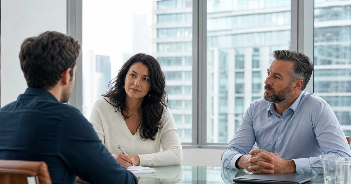 Three people in business casual clothing meeting around a glass conference table in a modern office, one taking notes on paper, city view through the window